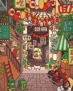 an illustration of a store with many signs and decorations on the front door, along with a dog sitting in the doorway