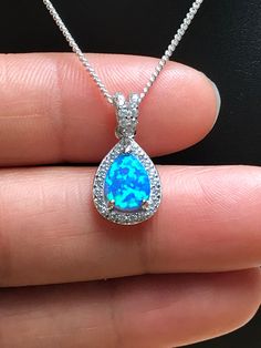 Blue Fire Opal Necklace, Sterling Silver Bridal Necklace, Wedding Necklace, October Birthstone Jewelry, Blue Opal Teardrop Pendant