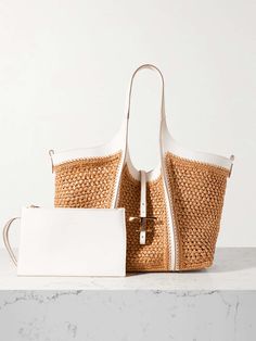 TOD'S T Timeless leather-trimmed raffia shoulder bag | NET-A-PORTER Tods Bag, Denim Flats, Flat Dress Shoes, Dress Flats, Sport Swimwear, Raffia Bag, Jo Malone London, Swimsuit Shops, Fine Jewelry Designers