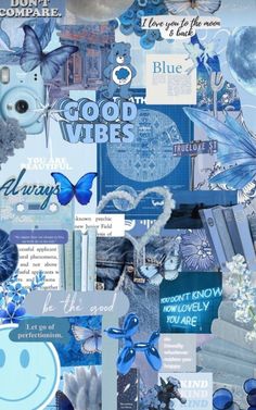 a collage of blue and white images