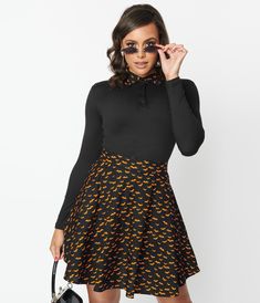 Retrolicious Black & Orange Bat Skater Skirt – Unique Vintage Bat Bow, Collared Top, Vintage Inspired Fashion, Timeless Classic Style, Black Bat, Vintage Orange, Contrast Collar, Halter Crop Top, Dress Silhouette