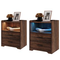 two nightstands with pictures on the top and bottom, one has a book shelf