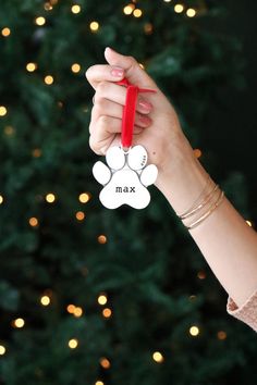 a person holding up a dog ornament in front of a christmas tree