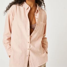 Nwt. Pocket Shirt. Light Peach Color Everyday Pink Button-up Shirt, Spring Pink Tops With Button Closure, Casual Pink Blouse With Button Closure, Pink Collared Tops With Button Closure, Pink Relaxed Fit Top With Buttons, Relaxed Fit Pink Top With Buttons, Feminine Button-up Tops For Everyday, Casual Pink Button-up Shirt, Pink Collared Shirt For Day Out