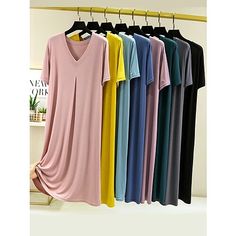 Season:Fall,Summer; Fabric:Modal; Sleeve Length:Short Sleeve; Gender:Women's; Nightwear Style:Pajamas,Nightgown,Nightshirt,Dress; Style:Soft,Simple,Casual; Elasticity:Micro-elastic; Occasion:Daily,Bed,Home; Age Group:Adults; Function:Breathable; Pattern:Pure Color; Neckline:V Wire; Listing Date:07/26/2023; Length:; Bust: Casual Dresses Plus Size, Full Skirt Dress, Women's Pajamas, Soft Dress, Women's Nightgowns, Sleep Dress, Knee Dress, Nightgowns, Night Shirt