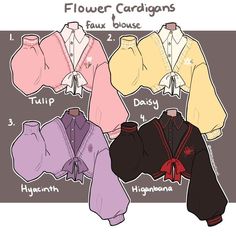 four different types of flower cardigans are shown in this drawing, and one is labeled