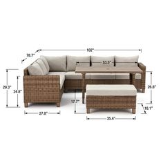 an outdoor sectional sofa with ottoman and coffee table in brown wicker, shown from the side