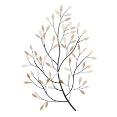 a metal tree with leaves on it's branches is shown against a white background