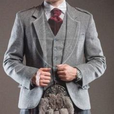 Men's Scottish Grey Wool Argyle Kilt Jacket With 5 Button Vest 17th Century Argyle Wedding Jacket | Chest Size 34" to 54" Inches. Matching wooden style buttons. Fully lined with satin. 3 pockets at front. 2 internal pockets. 2 pocket waistcoat. Waistcoat is also fully lined and has 5 matching buttons. COMPLETE CUSTOMISE JACKET: Scottish Clans Attire is the Ultimate Scottish Clothing and Accessories Shop that offer an Extensive Range of High-Quality Costume Made Outfits. We offer the ultimate cus Fall Wedding Outerwear With Suit Collar, Long Sleeve Outerwear With Double Button Closure For Wedding, Tailored Wedding Blazer With Button Closure, Winter Wedding Suits With Pockets, Wedding Outerwear With Double Button Closure And Long Sleeve, Groom's Single Button Blazer, Single Button Long Sleeve Blazer For Groom, Winter Wedding Long Sleeve Sport Coat, Lapel Collar Outerwear With Double Button Closure For Wedding