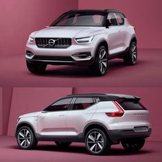 two side by side images of a white volvo suv and a red volvo car on a pink background