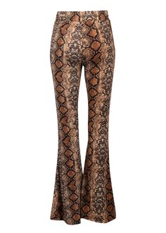 Boast an edgy-chic vibe when you rock these animal print flare pants! A bold snake print amps up the must-have factor on these pants that look and feel fabulous. The pants are slim fit from the hip through the knee that flares to a bell bottom leg. Pull-on elastic waistband. Available in sizes S, M and L. Made out of 90% polyester and 10% spandex. Get a little wild in a pair of these rad pants! Print Flare Pants, Casual Cotton Top, Random Fashion, Printed Flare Pants, Yoga Pants Outfit Aesthetic, Velvet Flares, Pink Yoga Pants, Embroidered Denim Jacket, Gym Clothes Women