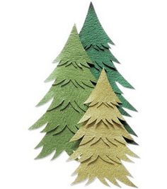 three green and gold christmas trees on a white background