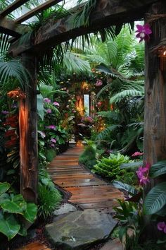 a wooden walkway surrounded by lush green plants and flowers in a tropical setting with lights hanging from the ceiling