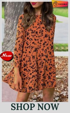 Orange Floral Print O-neck Long Sleeve Mini Dress Casual V-neck Long Sleeve Dress For Fall, Casual Long Sleeve V-neck Dress For Fall, Chic Printed Mini Dress For Fall, Fall Printed V-neck Mini Dress, Orange Long Sleeve Shift Dress, Fall V-neck Printed Mini Dress, Printed V-neck Mini Dress For Fall, Fall Mini Dress With V-neck And Printed Details, Casual Orange Dresses For Fall