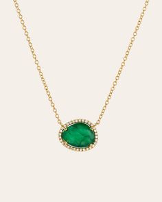 14k solid gold, pave diamond, and a beautifully handpicked free form emerald, available in yellow, white and rose gold, hanging from a 16''-18'' adjustable chain. Timeless and perfectly handcrafted, wear it up or down, by itself or layered. Size of Emerald: Approx. 13mm(W) by 11mm(H) Diamond Carat Weight: Approx. 0.08 ctw Diamond Quality: VS Total Weight: Approx. 2 grams Due to the nature of this item all stones may vary in color and inclusions making each piece a one of a kind Standard Producti Diamond Emerald Necklace, Monogram Necklace Gold, Gold Monogram, Emerald Necklace, Tiny Diamond, Monogram Necklace, Diamond Carat, Flower Earrings Studs, Necklace Sizes