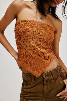 Turn heads in this timeless tank featured in a strapless, bandana-inspired design and textured lace fabrication with smocking at back for a forever flattering fit. **Fit:** Cropped, staple fit **Features:** Strapless neckline, smocking at back **Why We | FP One Raya Lace Bandana Top at Free People in Tan, Size: XL Spring Bandeau Lace Top, Lace Bandeau Top For Spring, Spring Lace Bandeau Top, Spring Lace Sleeveless Tube Top, Fitted Bohemian Bandana Print Tops, Bohemian Fitted Strapless Tube Top, Bandana Tops, Lace Bandana, Bandana Outfit