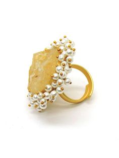 Citirine ring with pearls by Dori now available at Trendroots Ring With Pearls, Raw Citrine, Citrine Ring, Best Deal, Adjustable Ring, Druzy Ring, Adjustable Rings, Citrine, Gold Plate