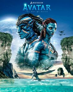 the poster for avatar, featuring two people in blue body of water with mountains behind them