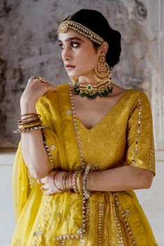 Shop for Gulabo Jaipur Yellow Brocade Swati Lehenga Set With Unstitched Blouse Fabric for Women Online at Aza Fashions Gulabo Jaipur, Print Mirror, Yellow Lehenga, Luxury Sale, Organza Dupatta, Blouse Fabric, Fabric Online, Foil Print, Festival Wear