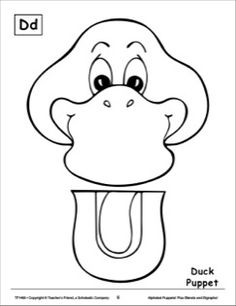 the letter d is for duck puppet coloring page with an image of a monkey head