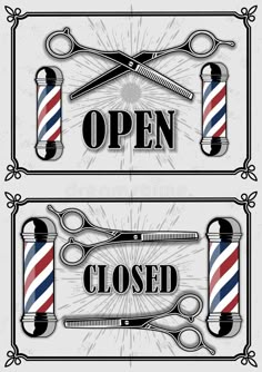 barber shop open and closed signs with scissors, combs and shaving razors