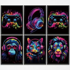 four square paintings with headphones and cats on them, each featuring different colored images