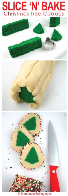 christmas tree cookies are being made with green icing