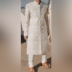 White And Gold Wedding Guest Sherwani Gold Sherwani, White And Gold Wedding, Guest Outfit, Gold Wedding, Wedding Guest, Wedding Planning, Off White, Man Shop, Gold