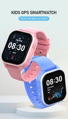 two children's smart watches on display with the text kids gps smart watch focus on kids - security