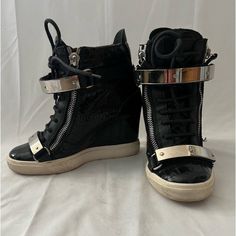 Authentic Giuseppe Zanotti Wedges High Top. Zipper Color : Black Gold Size : It 38.5 Material: Leather. Condition: Great Condition !!! Wedge High Tops, Zanotti Shoes, Giuseppe Zanotti Shoes, Sneaker Wedge, Giuseppe Zanotti, Womens Shoes Sneakers, High Top, Womens Sneakers, 5 Star