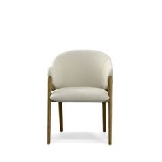 a white upholstered chair with wooden legs and armrests, viewed from the front