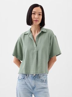 Relaxed Gauze Popover Top | Gap Factory Casual Textured Summer Blouse, Trendy Textured Short Sleeve Tops, Casual Textured Short Sleeve Top, Casual Textured Tops For Summer, Casual Short Sleeve Textured Top, Textured Short Sleeve Blouse For Summer, Textured Short Sleeve Summer Blouse, Chic Textured Short Sleeve Tops, Chic Short Sleeve Textured Tops