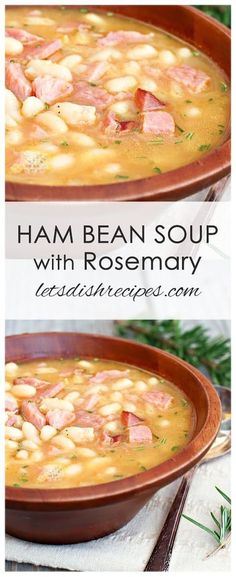 ham bean soup with rosemary in a brown bowl