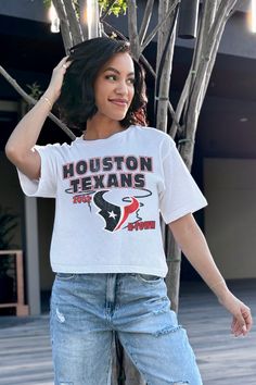 HOUSTON TEXANS GAMEDAY GOALS BOXY FIT WOMEN'S CROP TEE Sporty White Cropped T-shirt With Text Print, White Sporty Cropped T-shirt With Text, Casual White Cropped T-shirt For Sports, White Sports Fan Top With Text Print, White Tops With Text Print For Sports Fans, Houston Texans, Crop Tee, Game Day, Women Crop