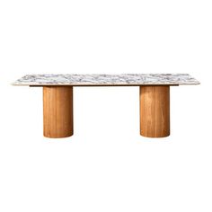 a white marble table with wooden legs on a white background, the top is made out of wood