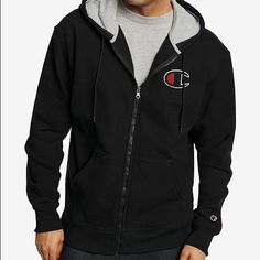 Black Champion Zipper Hoodie Size Large Black Hooded Sweatshirt With Fleece Lining, Black Fleece Jacket With Zipper For Cold Weather, Fleece Hooded Jacket With Ykk Zipper For Winter, Winter Fleece Hooded Jacket With Ykk Zipper, Black Hoodie Sweatshirt With Zipper Closure, Black Fleece Hooded Jacket With Adjustable Hood, Black Hoodie With Ykk Zipper For Fall, Black Fleece Jacket With Double-lined Hood For Streetwear, Black Hooded Fleece Jacket With Ribbed Cuffs