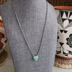 Adorable Native American Navajo Turquoise Heart Necklace Is In New Never Worn Condition. Gorgeous Green Blue Turquoise Heart Shaped Stone On Sterling With Approximately 18" Chain. Heart Measures Approximately 1/2" By 1/2". Heart Marked Sterling And Signed By Artist On Back. Super Sweet Necklace! From Non-Smoking Home. Turquoise Heart Necklace, Hammered Necklace, Long Necklace Boho, Pandora Heart, Chain Heart, Sweet Necklace, Bff Necklaces, American Indian Jewelry, Vintage Boho Fashion