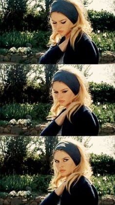 a woman with blonde hair wearing a beanie and looking at the camera, in three different ways