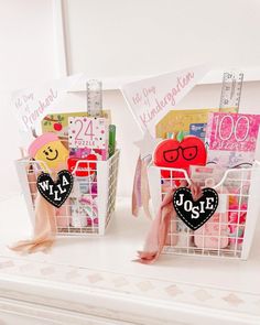 two baskets filled with valentine's day greeting cards