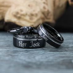 two harry potter wedding rings with his and her names engraved on them