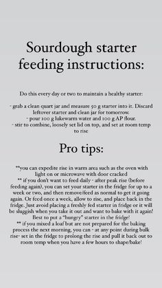 an advertisement with the words, soundugh starter feeding instructions and instructions for food preparation