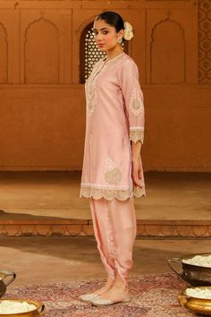 Blush pink kurta with placement kashmiri tilla and parsi gara embroidery, highlighted with basra moti. Paired with a dhoti pant. - Aza Fashions Designer Pink Churidar With Intricate Embroidery, Pink Embroidered Raw Silk Palazzo Set, Pink Raw Silk Palazzo Set With Straight Kurta, Pink Straight Kurta Salwar Kameez With Intricate Embroidery, Pink Raw Silk Palazzo Set With Chikankari Embroidery, Pink Resham Embroidery Palazzo Set In Raw Silk, Pink Raw Silk Salwar Kameez With Intricate Embroidery, Pink Unstitched Churidar With Intricate Embroidery, Designer Pink Traditional Wear With Dabka Work