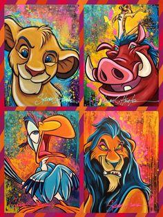 four different pictures of the lion king and his two companions, each painted in acrylic