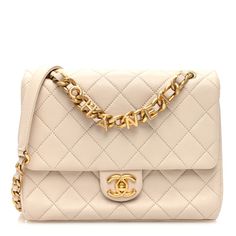 This is an authentic CHANEL Lambskin Quilted Chaine Lettre Square Flap in Beige. This chic crossbody classic is crafted of quilted leather in beige. The bag features an aged gold chain link leather threaded shoulder strap and a an aged gold classic CC turn lock. This opens the flap to a matching leather interior with a zipper pocket. Leather Thread, Quilted Leather, Leather Interior, Chain Link, Gold Chain, Gold Chains, Zipper Pocket, Shoulder Strap, Chanel