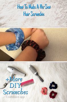 two pictures with different types of hair accessories on top of each other and the words how to make a no sew hair scrunchie