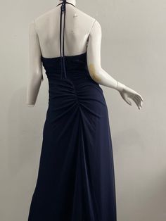 "This dress has a sparkly halter neckline and as sheer overlay. It is backless with a straight hem and is stretchy for comfort. It also has a tie up and zip up closure. Colour: Navy blue Bust:16.5\"/42cm Waist:14\"/36cm Length:51\"/130cm NWT" Fitted Halter Neck Evening Dress With Tie Back, Fitted Halter Neck Dress For Prom, Fitted Ruched Halter Dress For Gala, Fitted Halter Neck Evening Dress With Ruched Bodice, Halter Neck Evening Dress With Tie Back For Party, Evening Fitted Halter Dress With Ruched Bodice, Halter Neck Evening Dress With Ruched Bodice For Party, Fitted Halter Dress With Ruched Bodice For Evening, Halter Neck Evening Dress With Ruched Bodice