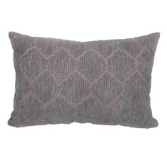 a gray pillow with an intricate design on it's back and the front is made out of knitted fabric