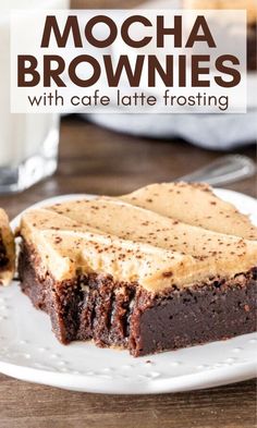 chocolate brownies with cafe latte frosting on a white plate