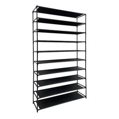 a black metal shelf with six shelves on each side and one section open to show the bottom