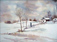 a painting of a snowy landscape with houses and trees in the foreground, one person standing on snow covered ground